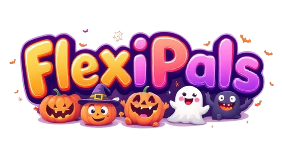 FlexiPals logo with Halloween-themed characters on a white background