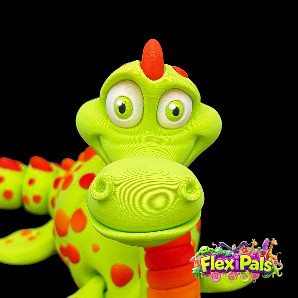 Close-up of flexible 3D printed Nessie figure showing jointed body sections and expressive head - FlexiPals