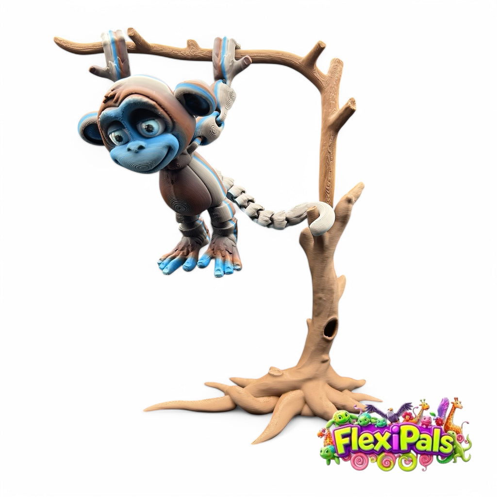 3D Printed FlexiPal XL Monkey with Tree Stand – Articulating Poseable Monkey Toy – Flexible Primate Figure for Play, Display, and Collecting – Interactive Jungle Animal Toy – Creative Desk Toy for Kids and Collectors