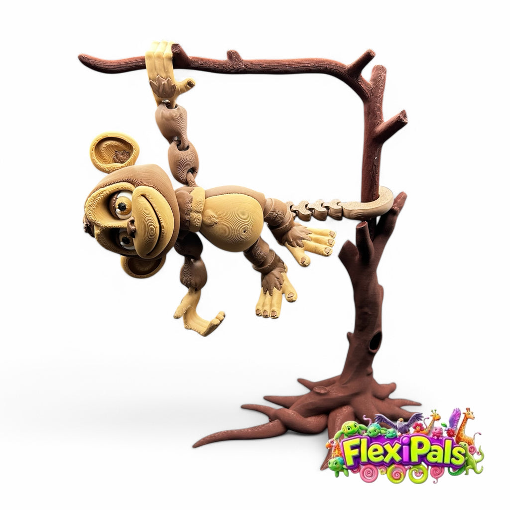 3D Printed FlexiPal XL Monkey with Tree Stand – Articulating Poseable Monkey Toy – Flexible Primate Figure for Play, Display, and Collecting – Interactive Jungle Animal Toy – Creative Desk Toy for Kids and Collectors