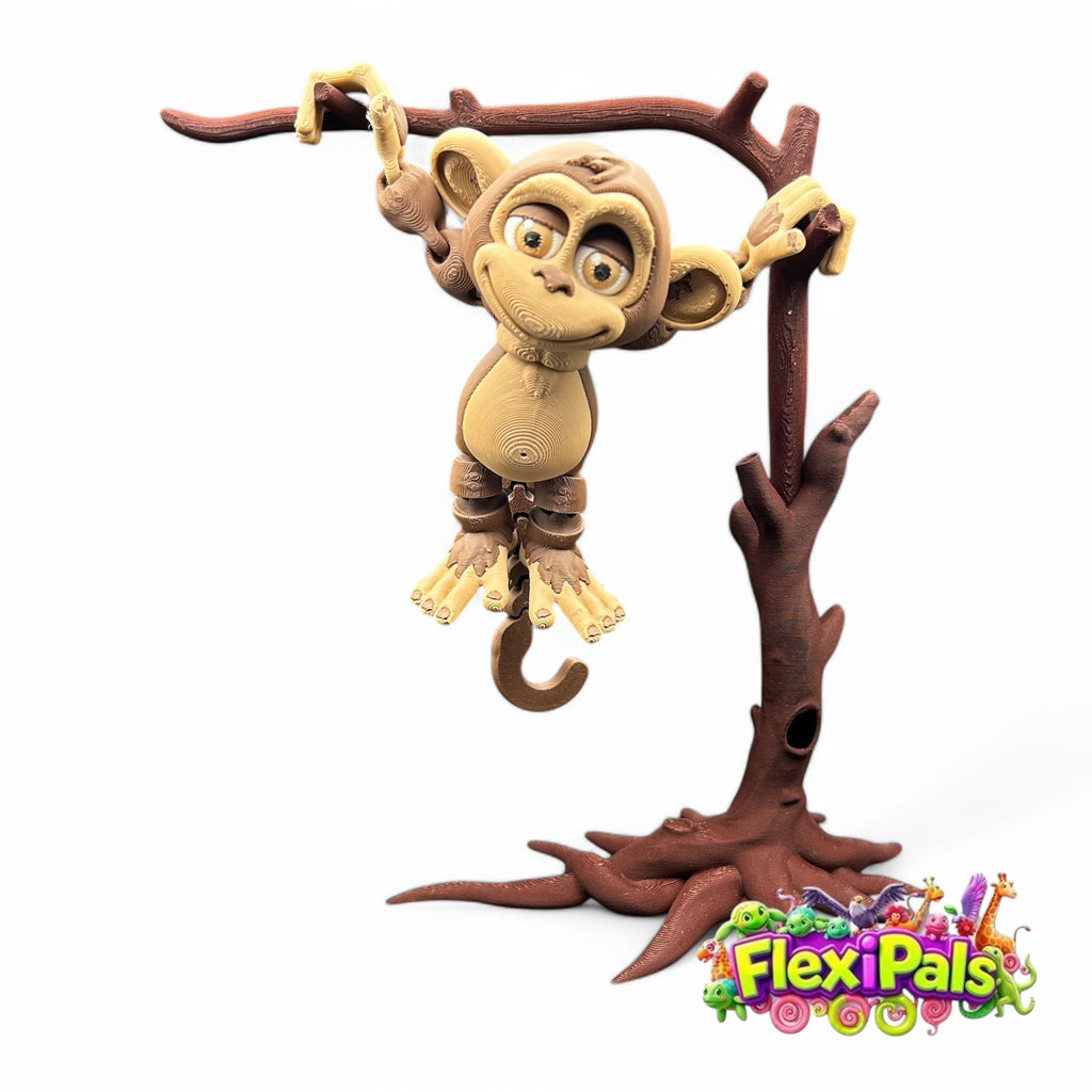 3D Printed FlexiPal XL Monkey with Tree Stand – Articulating Poseable Monkey Toy – Flexible Primate Figure for Play, Display, and Collecting – Interactive Jungle Animal Toy – Creative Desk Toy for Kids and Collectors