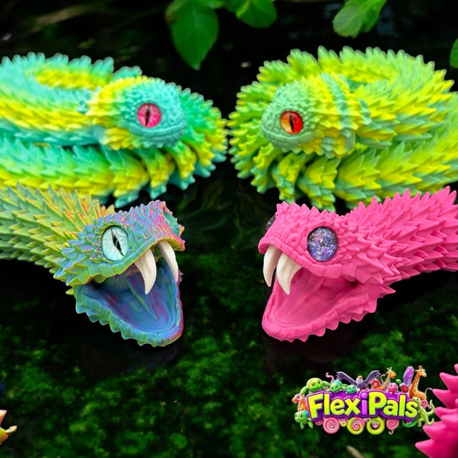 24-inch 3D printed bush viper model with posable fangs and realistic coiled pose
