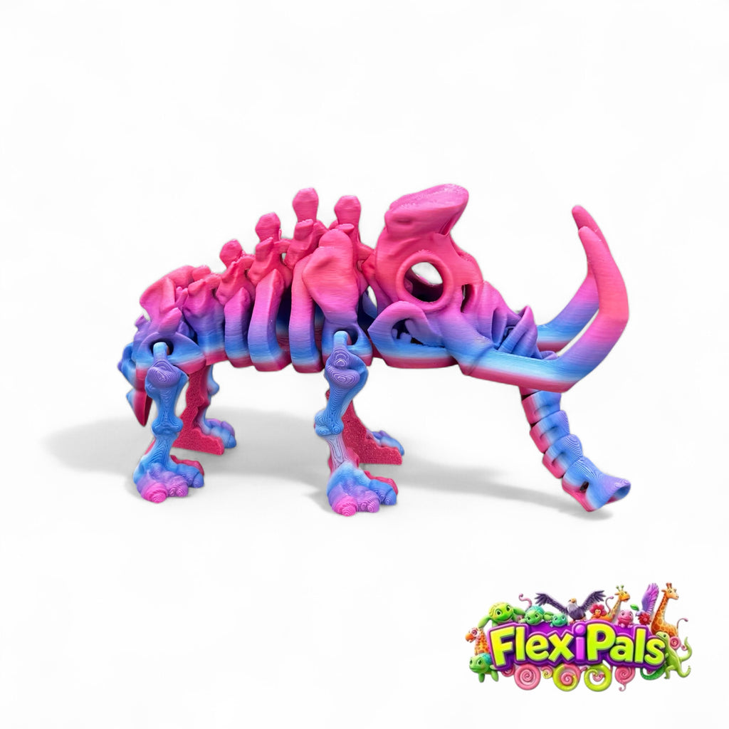Fossil-inspired mammoth toy with movable joints and large tusks