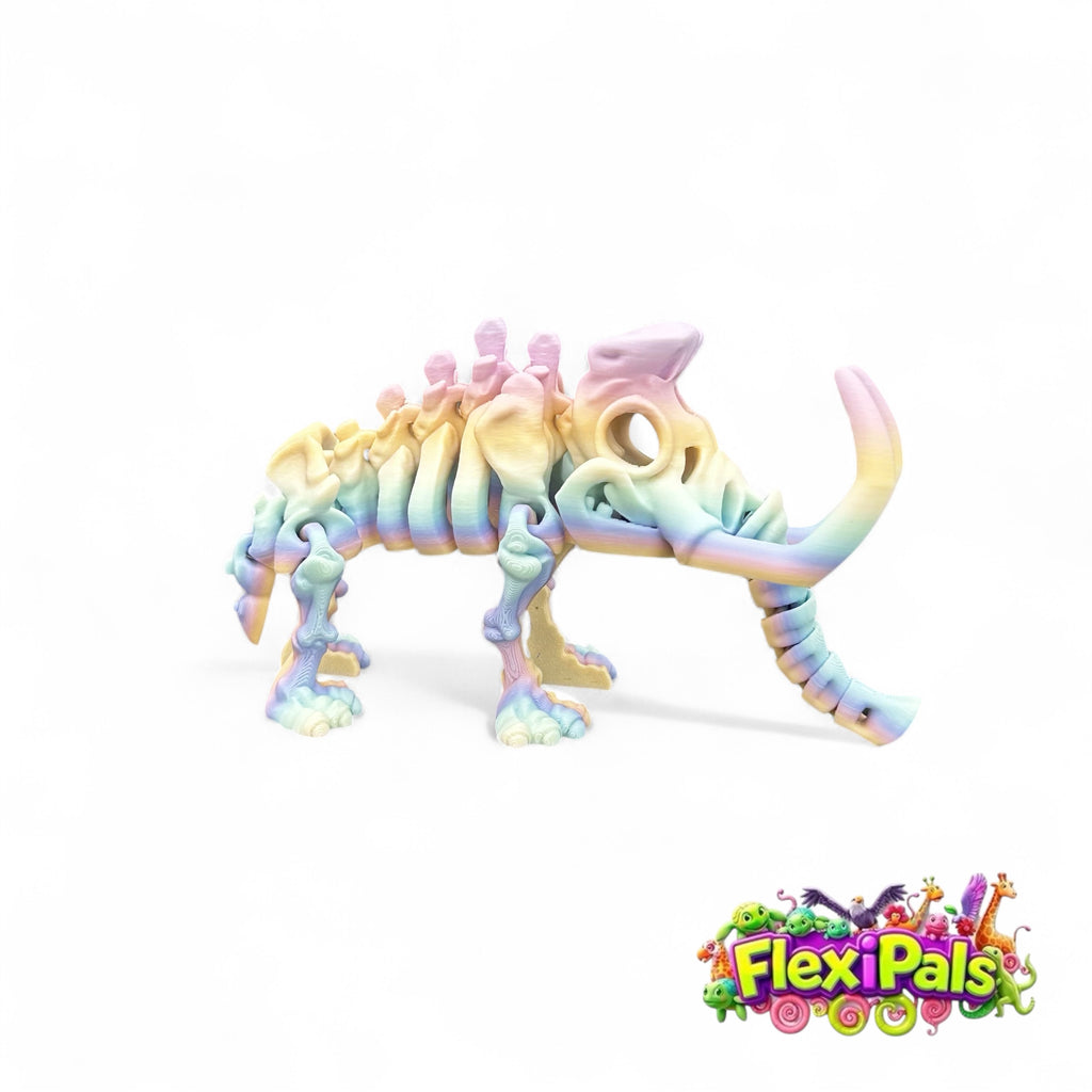 Fossil-inspired mammoth toy with movable joints and large tusks