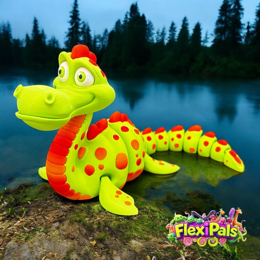 3D printed Loch Ness Monster figure with 11 articulating joints and movable head, 9 inches long in colorful design - FlexiPals