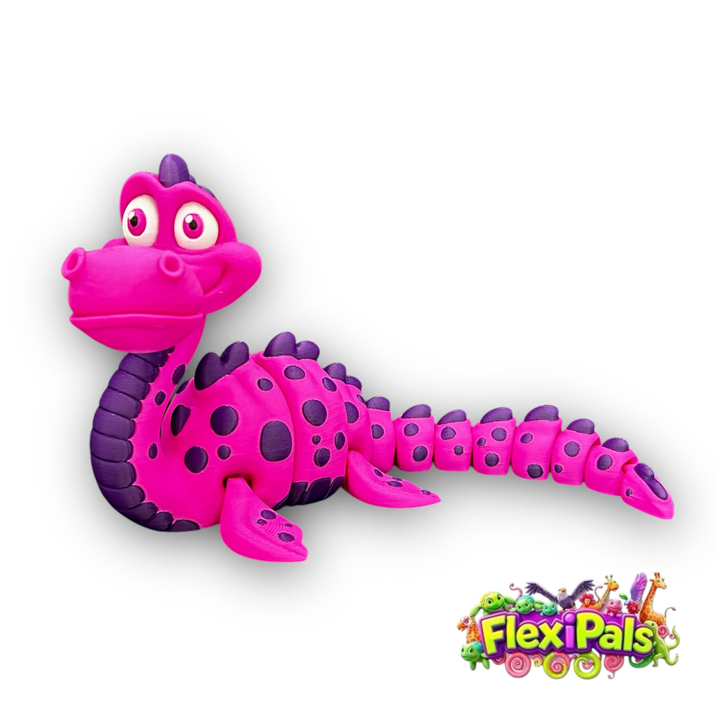 Vibrant 9-inch Loch Ness Monster collectible with wild colors posed on a desk or shelf - FlexiPals