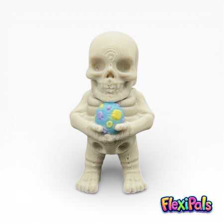 Articulated Easter skeleton holding an Easter egg