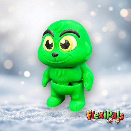 3D printed FlexiPals Grinch fidget toy with festive green holiday design
