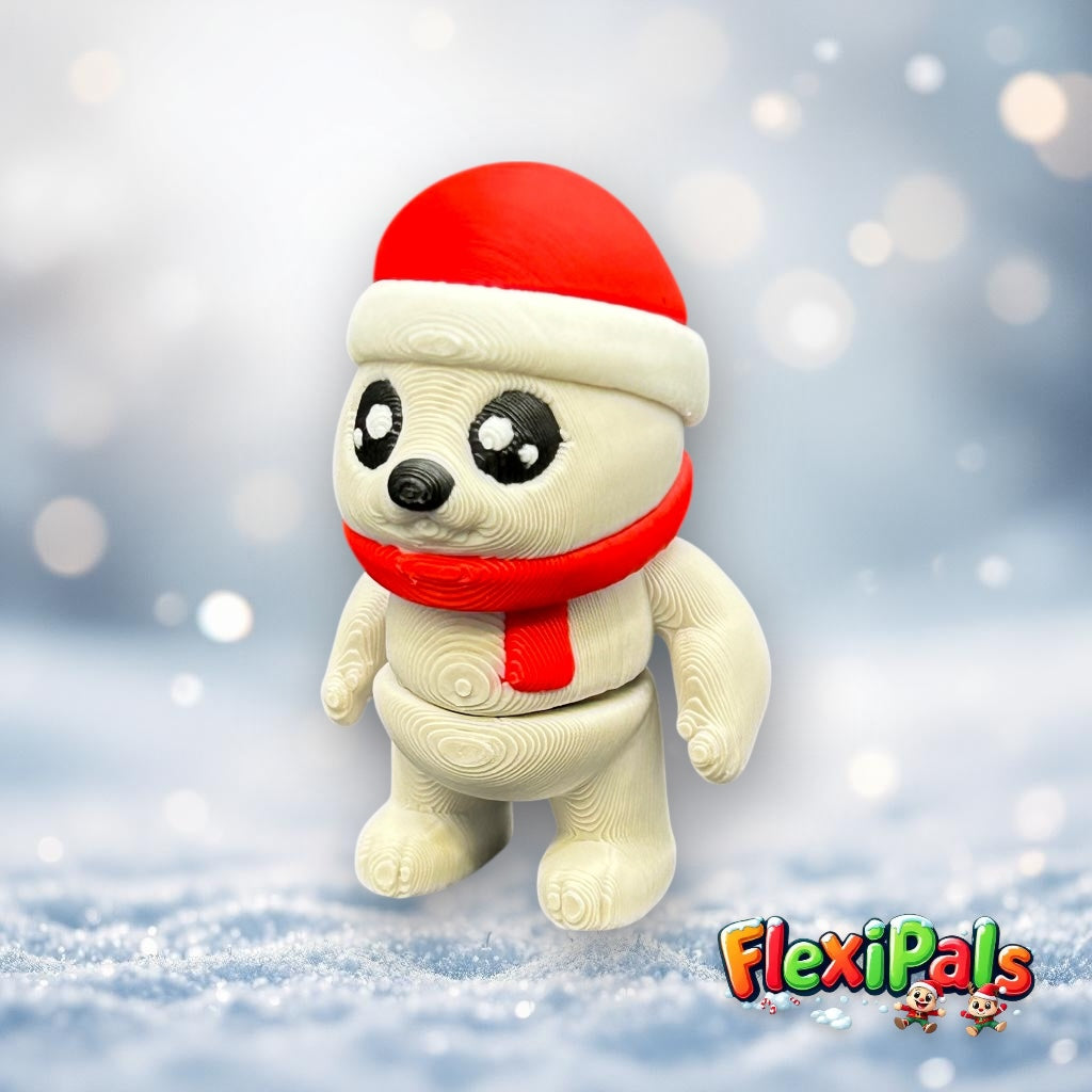 3D printed FlexiPals Polar Bear articulating fidget toy with hat and scarf