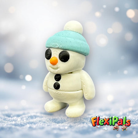 3D printed FlexiPals Snowman fidget toy with flexible joints and winter design