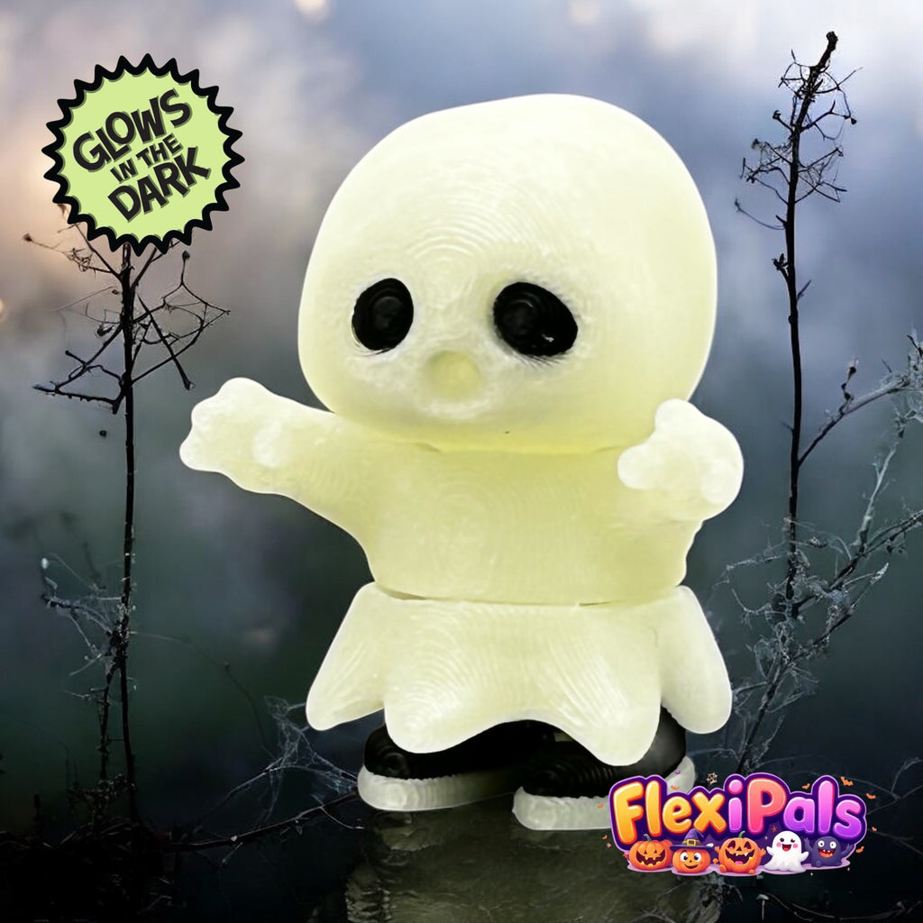 Glow-in-the-Dark Halloween Ghost FlexiPal – 3D Printed Articulating Mini Figure – Flexible, Poseable Spooky Toy – Fun Fidget for Kids and Collectors – Glowing Desk Decor or Halloween Display – FlexiPals Collectible