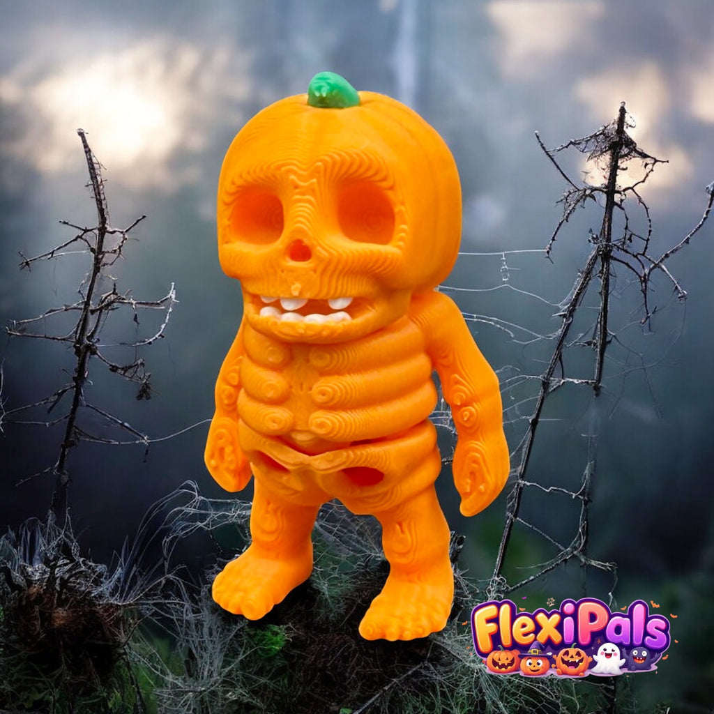 Halloween Pumpkin Skeleton FlexiPal – 3D Printed Articulating Mini Figure – Flexible, Poseable Skeleton Toy with Jack-o’-Lantern Head – Fun Fidget for Kids and Collectors – Spooky Desk Decor or Halloween Display – FlexiPals Collectible